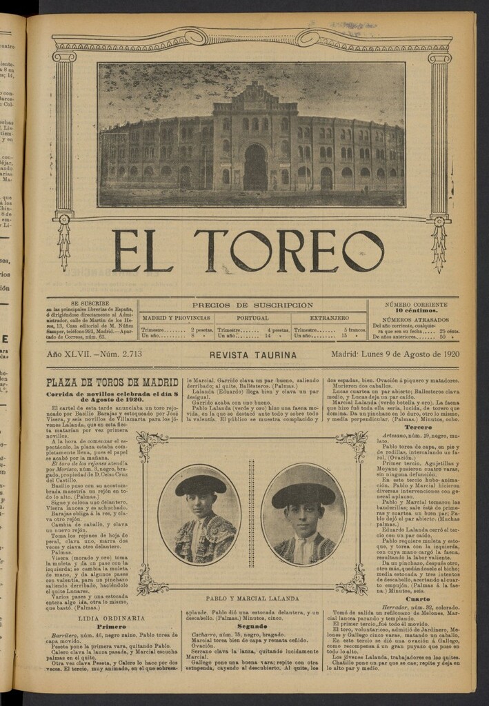 Miniatura de El Toreo: suplemento a "La Correspondencia Teatral" del 9 de agosto de 1920, nº 2713