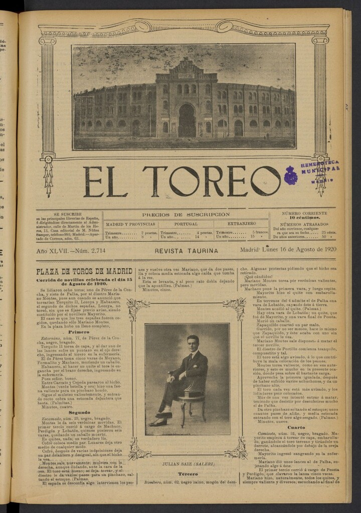 Miniatura de El Toreo: suplemento a "La Correspondencia Teatral" del 16 de agosto de 1920, nº 2714