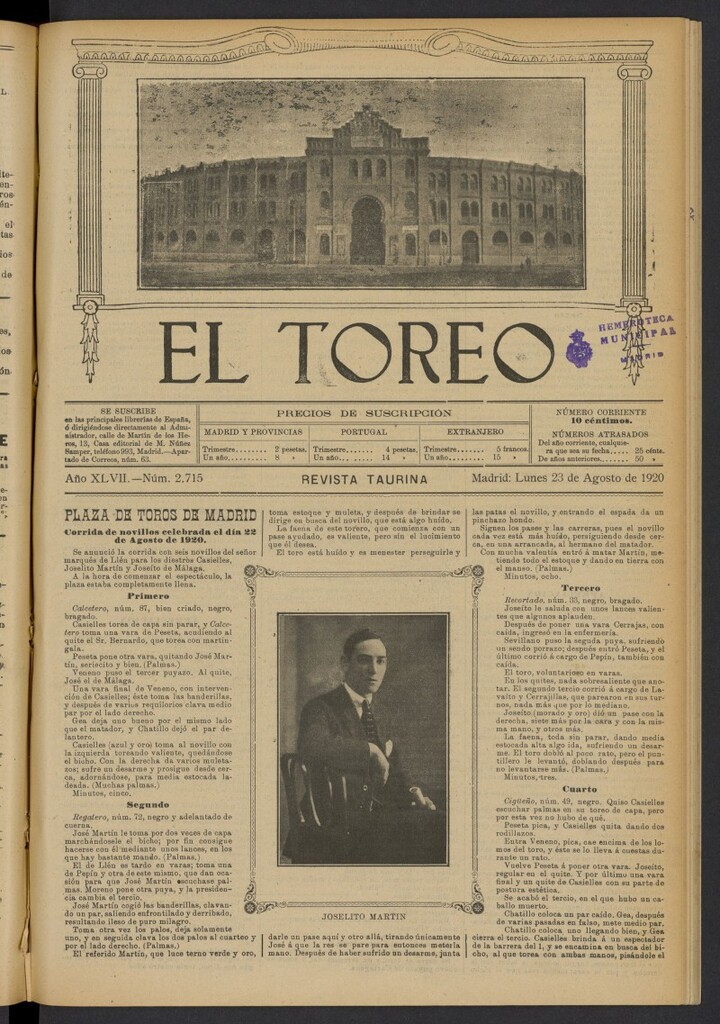 Miniatura de El Toreo: suplemento a "La Correspondencia Teatral" del 23 de agosto de 1920, nº 2715