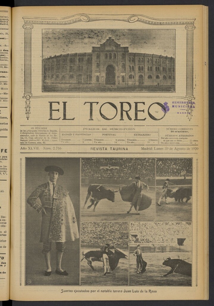 Miniatura de El Toreo: suplemento a "La Correspondencia Teatral" del 30 de agosto de 1920, nº 2716