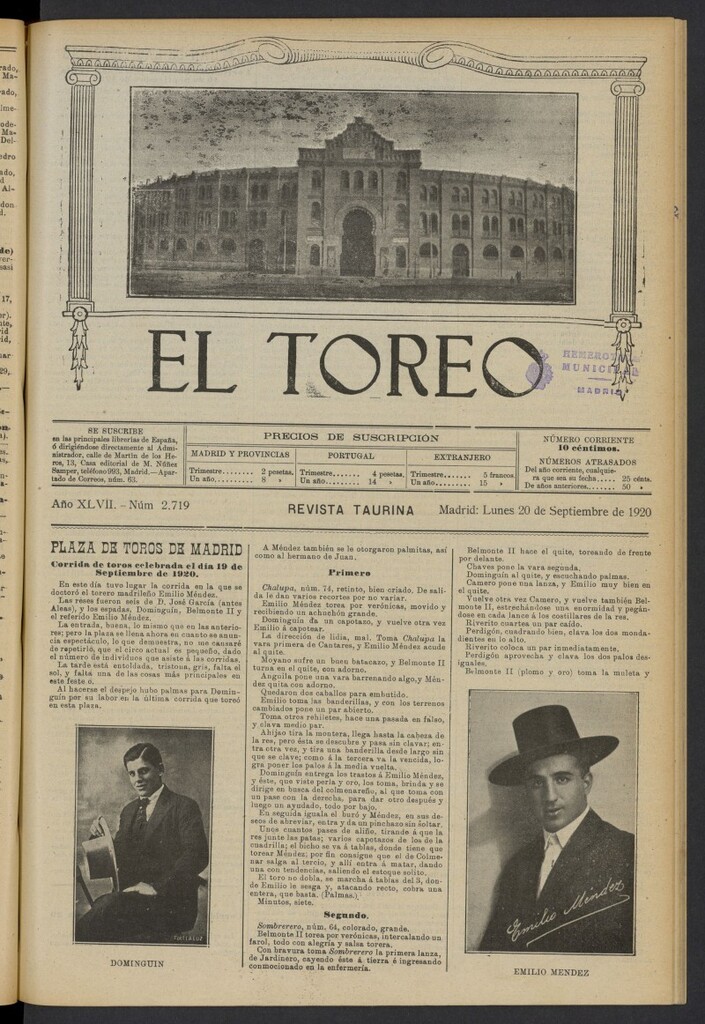 Miniatura de El Toreo: suplemento a "La Correspondencia Teatral" del 20 de septiembre de 1920, nº 2719