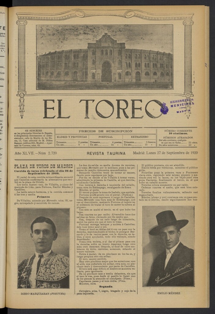 Miniatura de El Toreo: suplemento a "La Correspondencia Teatral" del 27 de septiembre de 1920, nº 2720