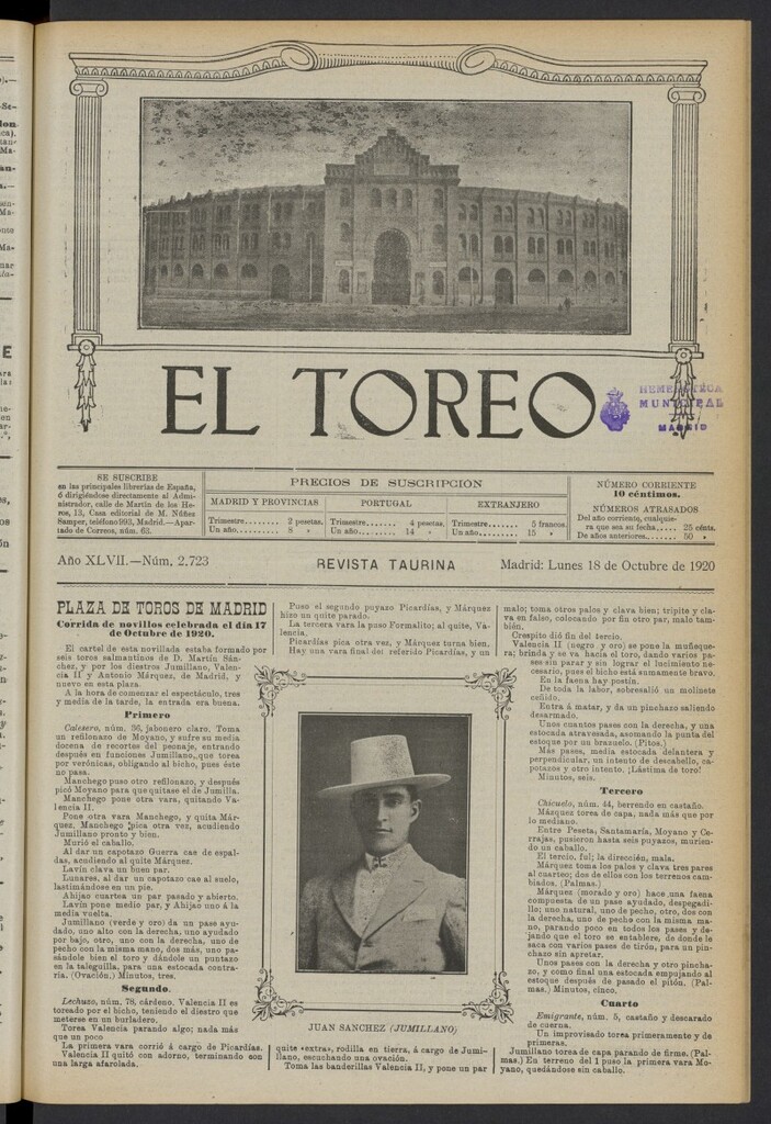 Miniatura de El Toreo: suplemento a "La Correspondencia Teatral" del 18 de octubre de 1920, nº 2723