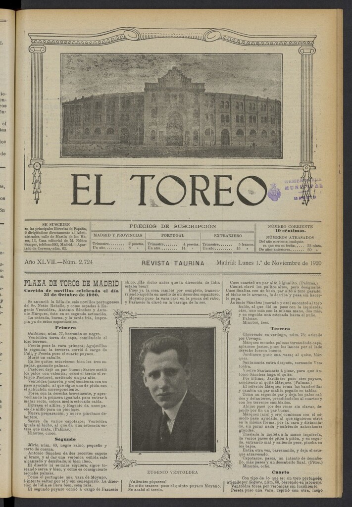 Miniatura de El Toreo: suplemento a "La Correspondencia Teatral" del 1 de noviembre de 1920, nº 2724