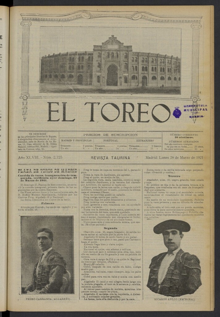 Miniatura de El Toreo: suplemento a "La Correspondencia Teatral" del 28 de marzo de 1921, nº 2725
