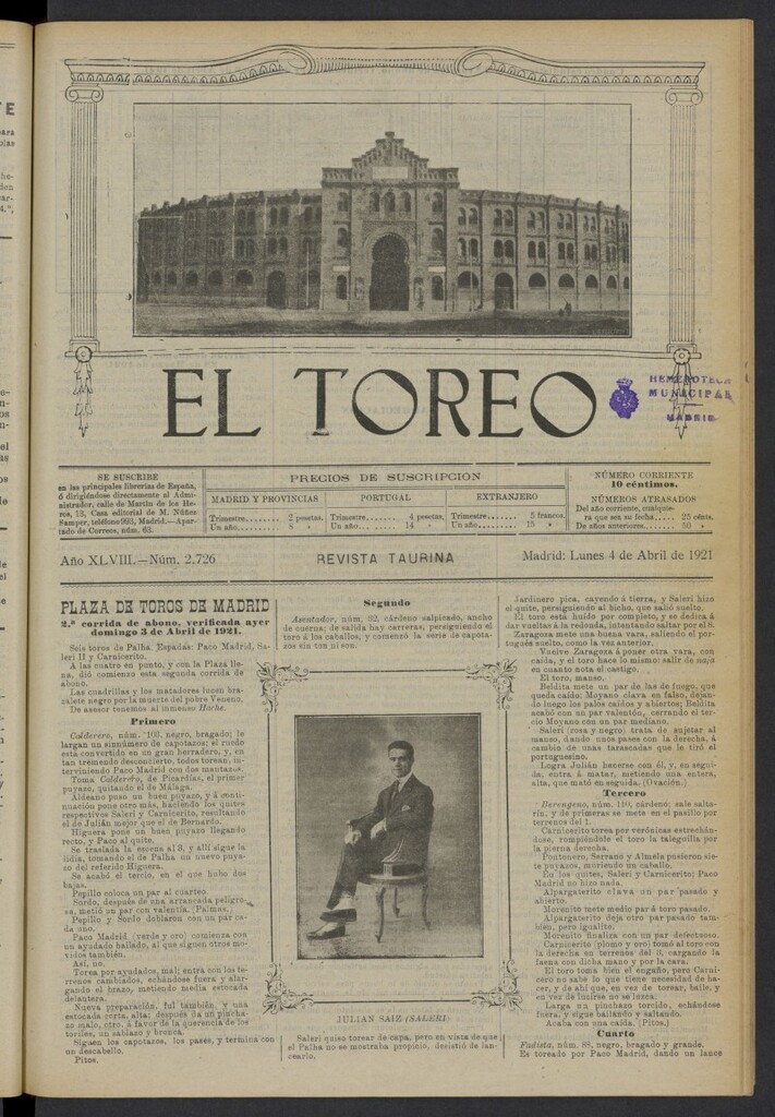 Miniatura de El Toreo: suplemento a "La Correspondencia Teatral" del 4 de abril de 1921, nº 2726