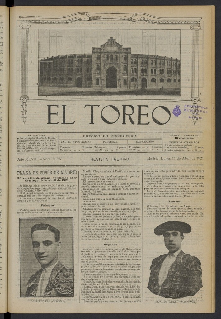 Miniatura de El Toreo: suplemento a "La Correspondencia Teatral" del 11 de abril de 1921, nº 2727