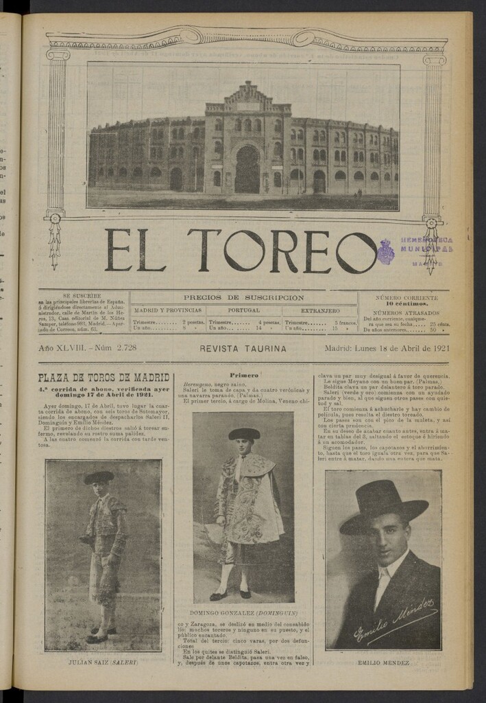 Miniatura de El Toreo: suplemento a "La Correspondencia Teatral" del 18 de abril de 1921, nº 2728