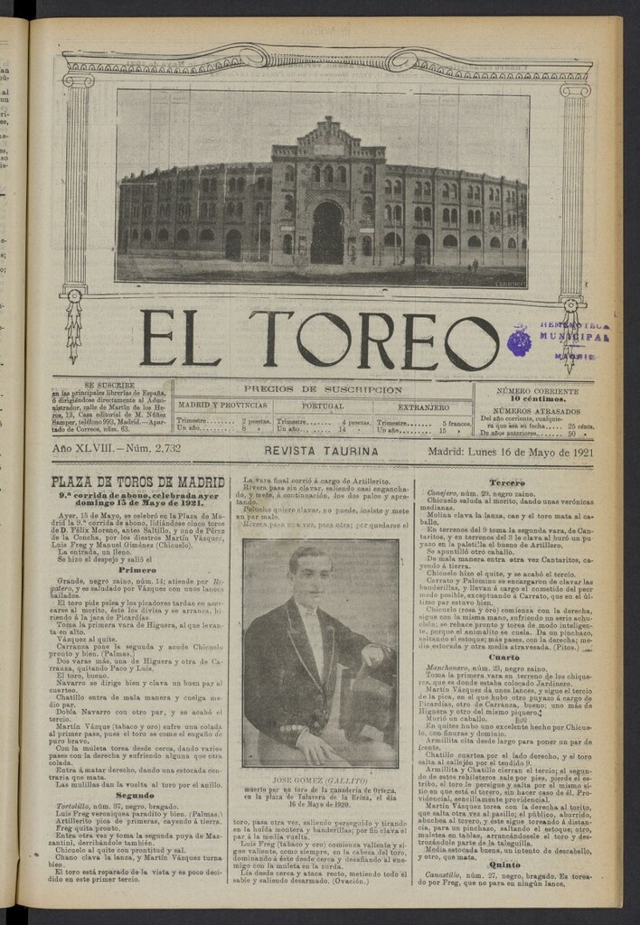 Miniatura de El Toreo: suplemento a "La Correspondencia Teatral" del 16 de mayo de 1921, nº 2732