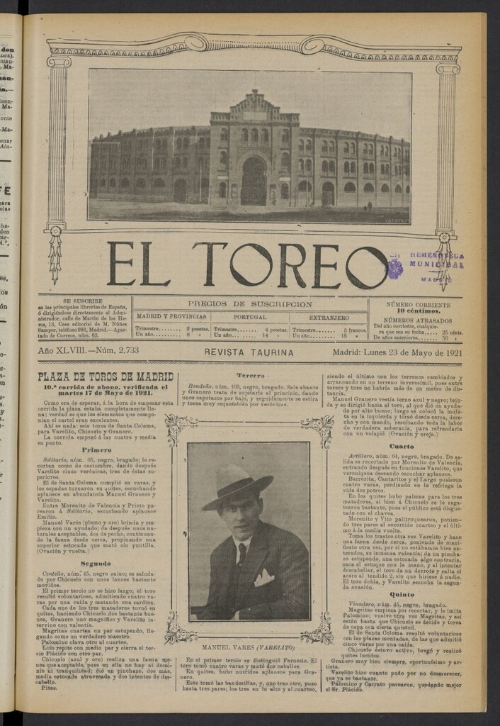 Miniatura de El Toreo: suplemento a "La Correspondencia Teatral" del 23 de mayo de 1921, nº 2733