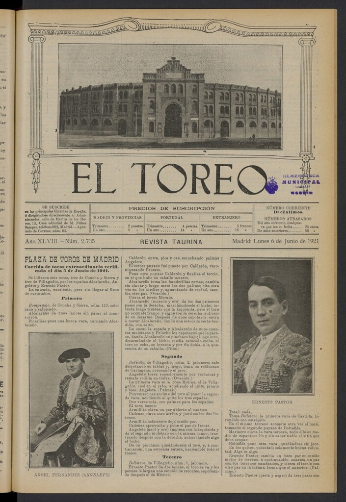 Miniatura de El Toreo: suplemento a "La Correspondencia Teatral" del 6 de junio de 1921, nº 2735