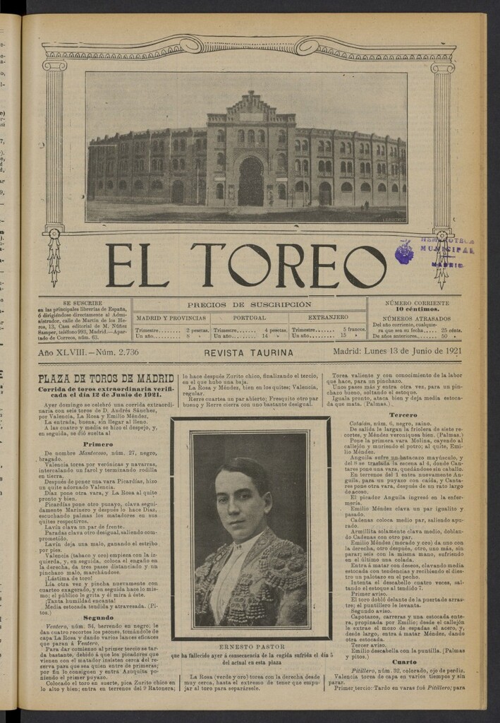 Miniatura de El Toreo: suplemento a "La Correspondencia Teatral" del 13 de junio de 1921, nº 2736