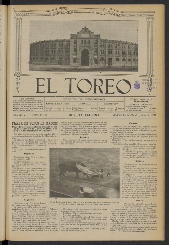 Miniatura de El Toreo: suplemento a "La Correspondencia Teatral" del 27 de junio de 1921, nº 2738