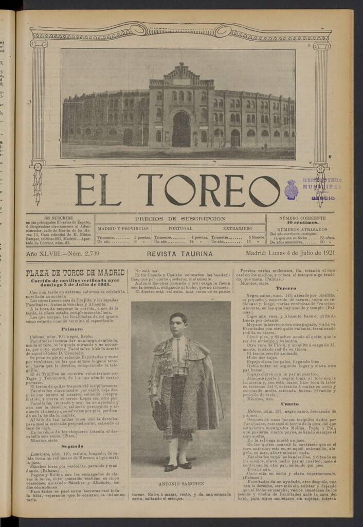Miniatura de El Toreo: suplemento a "La Correspondencia Teatral" del 4 de julio de 1921, nº 2739