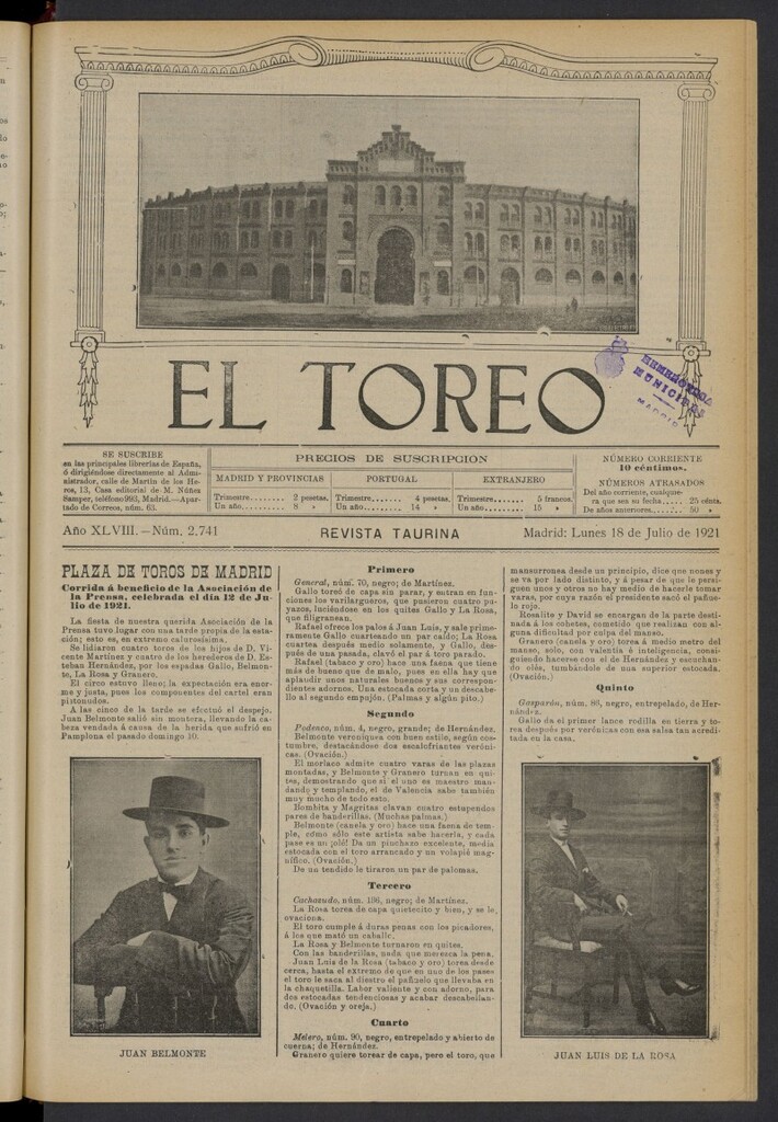 Miniatura de El Toreo: suplemento a "La Correspondencia Teatral" del 18 de julio de 1921, nº 2741