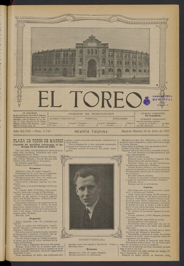 Miniatura de El Toreo: suplemento a "La Correspondencia Teatral" del 26 de julio de 1921, nº 2742