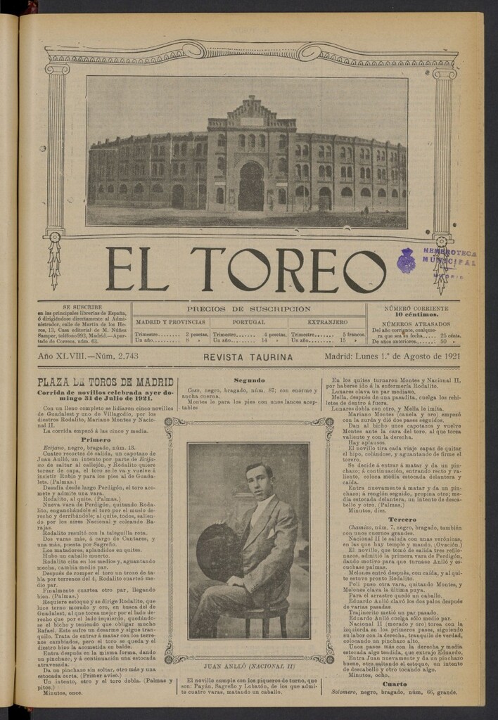 Miniatura de El Toreo: suplemento a "La Correspondencia Teatral" del 1 de agosto de 1921, nº 2743