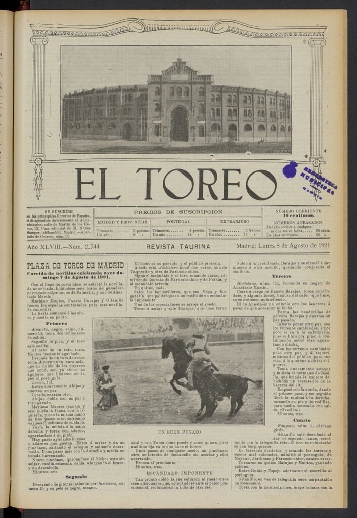Miniatura de El Toreo: suplemento a "La Correspondencia Teatral" del 8 de agosto de 1921, nº 2744