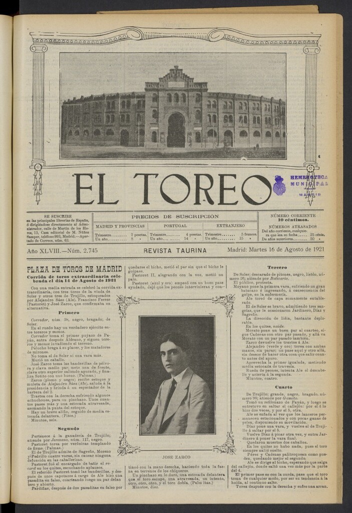 Miniatura de El Toreo: suplemento a "La Correspondencia Teatral" del 16 de agosto de 1921, nº 2745