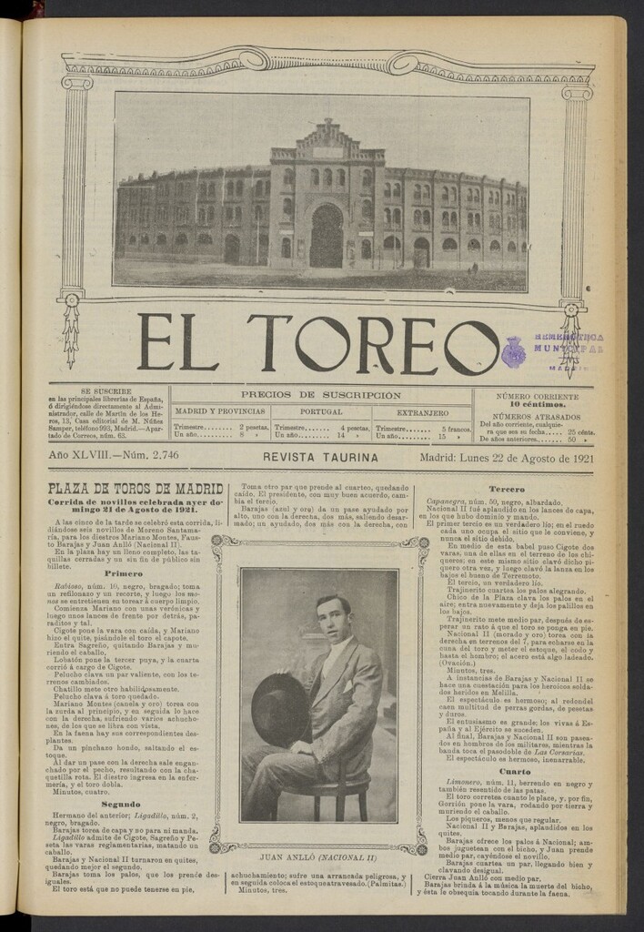 Miniatura de El Toreo: suplemento a "La Correspondencia Teatral" del 22 de agosto de 1921, nº 2746