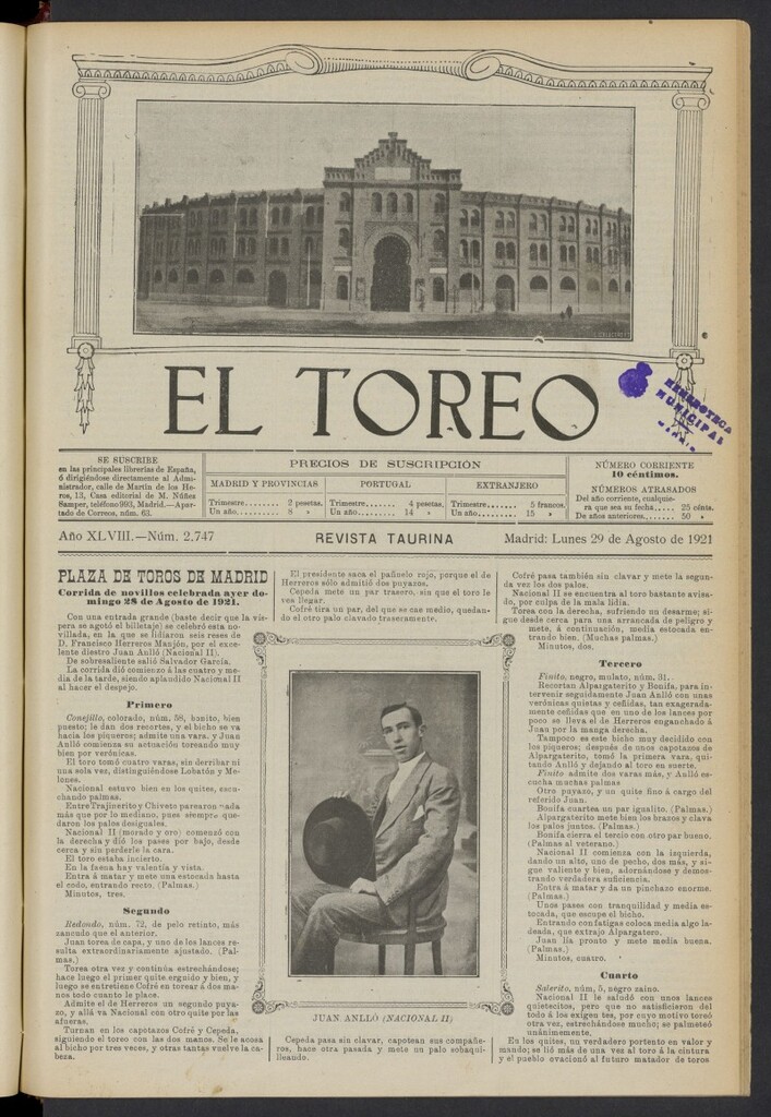 Miniatura de El Toreo: suplemento a "La Correspondencia Teatral" del 29 de agosto de 1921, nº 2747