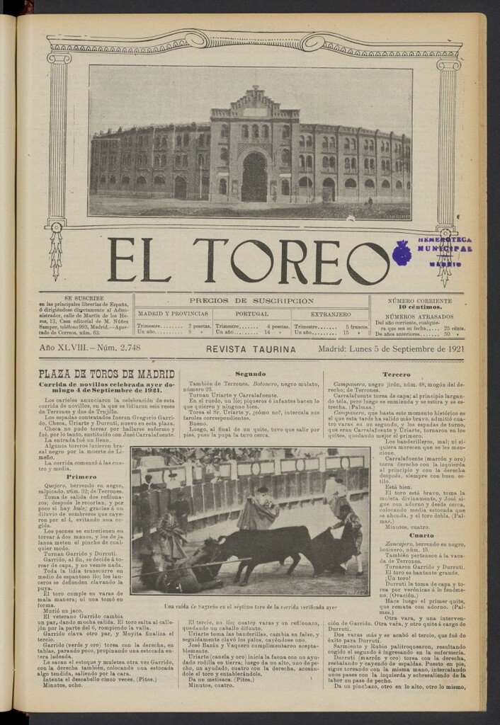 Miniatura de El Toreo: suplemento a "La Correspondencia Teatral" del 5 de septiembre de 1921, nº 2748