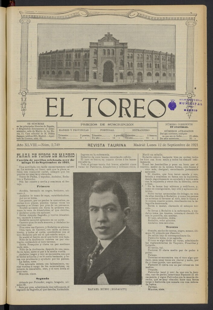 Miniatura de El Toreo: suplemento a "La Correspondencia Teatral" del 12 de septiembre de 1921, nº 2749