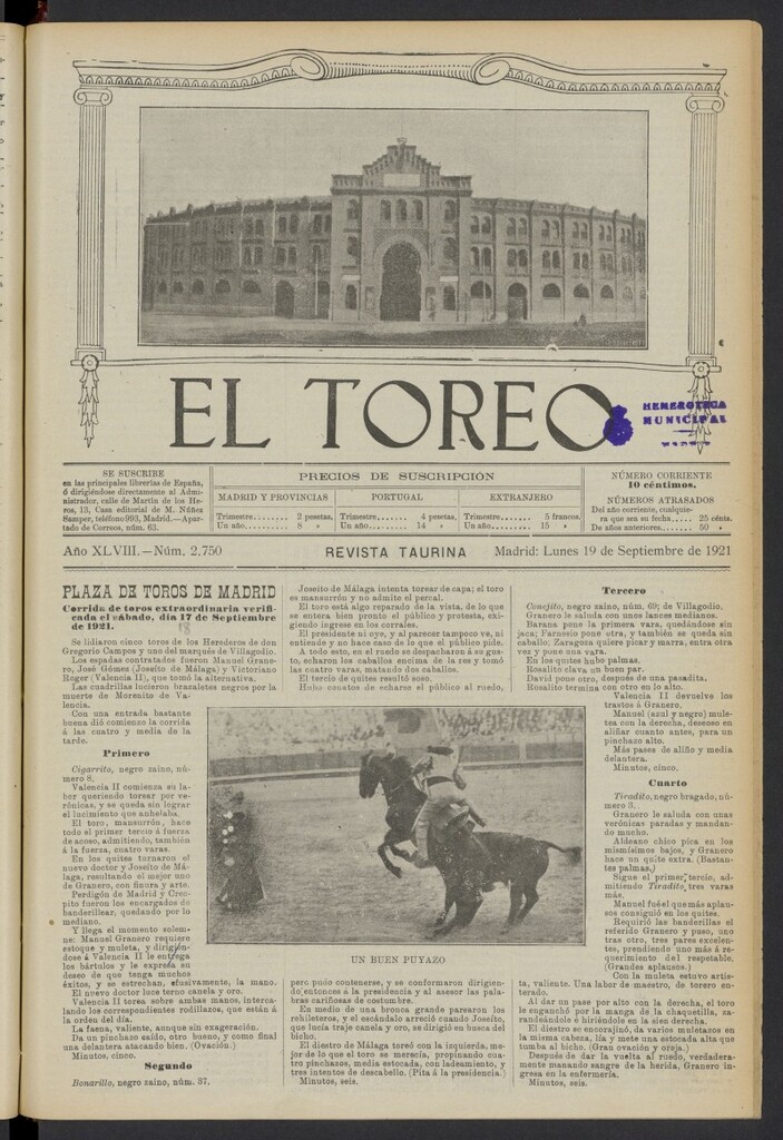 Miniatura de El Toreo: suplemento a "La Correspondencia Teatral" del 19 de septiembre de 1921, nº 2750