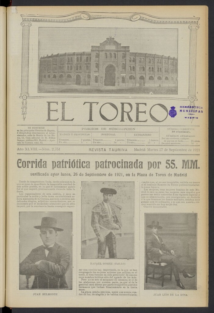 Miniatura de El Toreo: suplemento a "La Correspondencia Teatral" del 27 de septiembre de 1921, nº 2751
