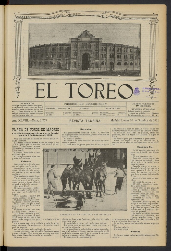 Miniatura de El Toreo: suplemento a "La Correspondencia Teatral" del 10 de octubre de 1921, nº 2753