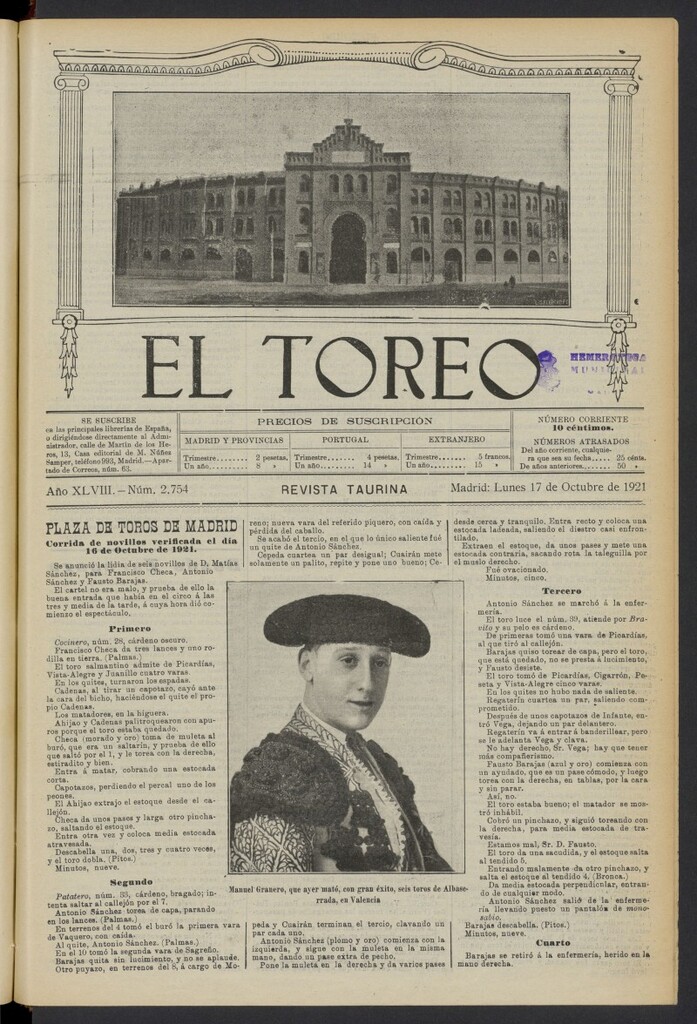 Miniatura de El Toreo: suplemento a "La Correspondencia Teatral" del 17 de octubre de 1921, nº 2754