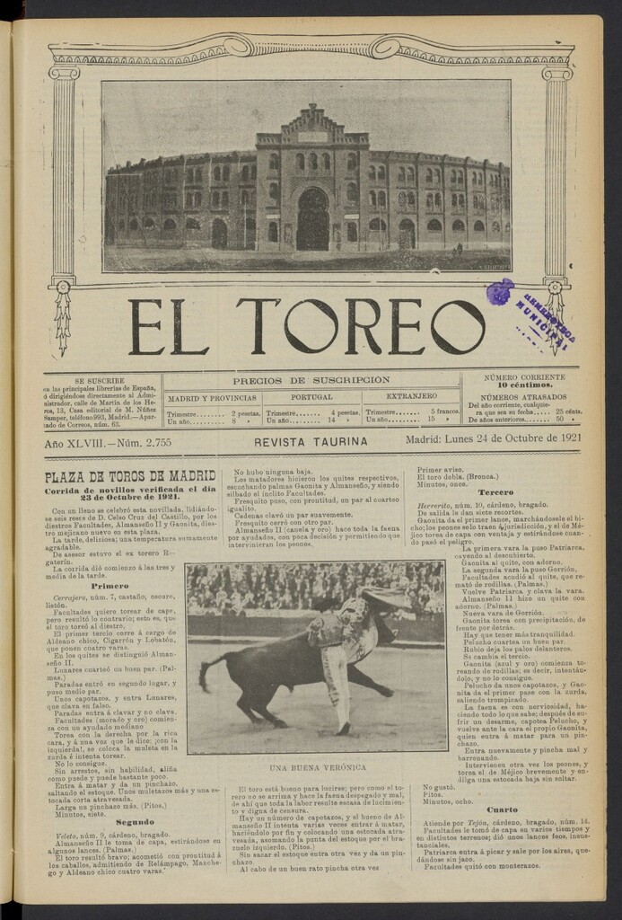 Miniatura de El Toreo: suplemento a "La Correspondencia Teatral" del 24 de octubre de 1921, nº 2755