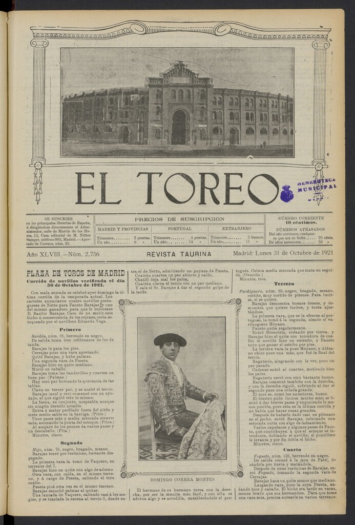 Miniatura de El Toreo: suplemento a "La Correspondencia Teatral" del 31 de octubre de 1921, nº 2756