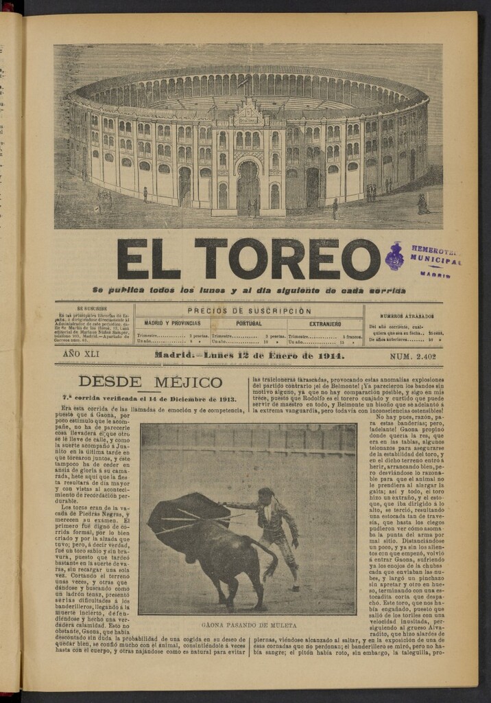 Miniatura de El Toreo: suplemento a "La Correspondencia Teatral" del 12 de enero de 1914, nº 2402