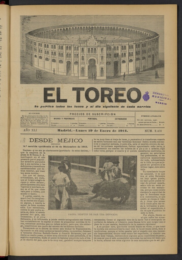 Miniatura de El Toreo: suplemento a "La Correspondencia Teatral" del 19 de enero de 1914, nº 2403
