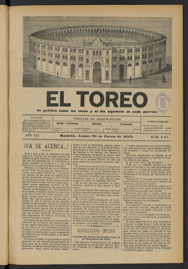 Miniatura de El Toreo: suplemento a "La Correspondencia Teatral" del 26 de enero de 1914, nº 2404