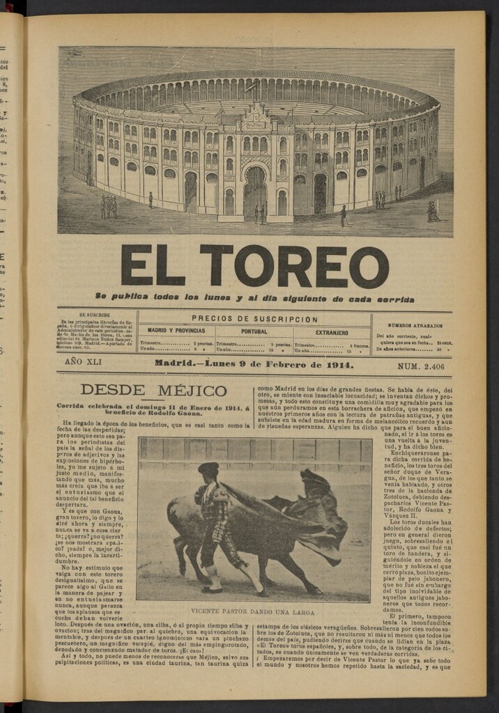 Miniatura de El Toreo: suplemento a "La Correspondencia Teatral" del 9 de febrero de 1914, nº 2406