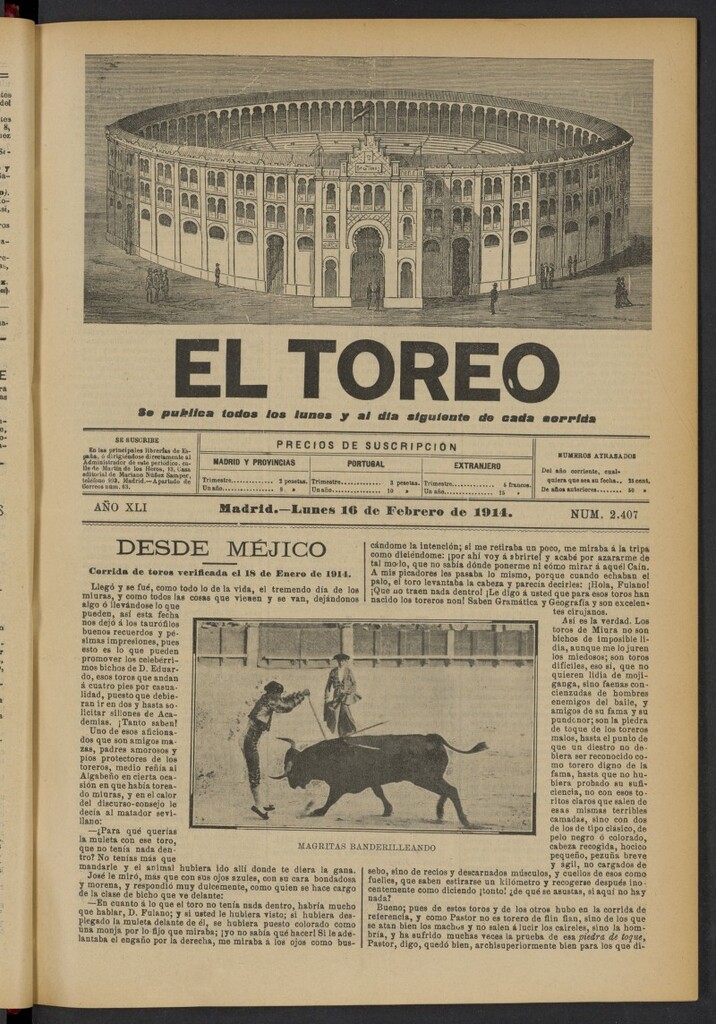 Miniatura de El Toreo: suplemento a "La Correspondencia Teatral" del 16 de febrero de 1914, nº 2407
