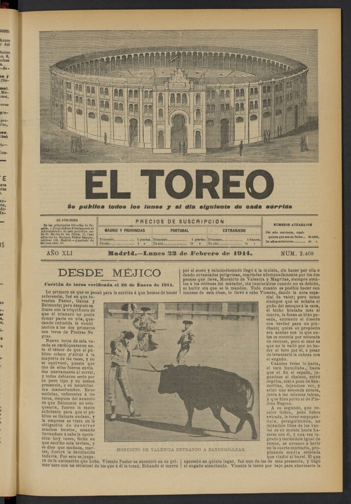 Miniatura de El Toreo: suplemento a "La Correspondencia Teatral" del 23 de febrero de 1914, nº 2408