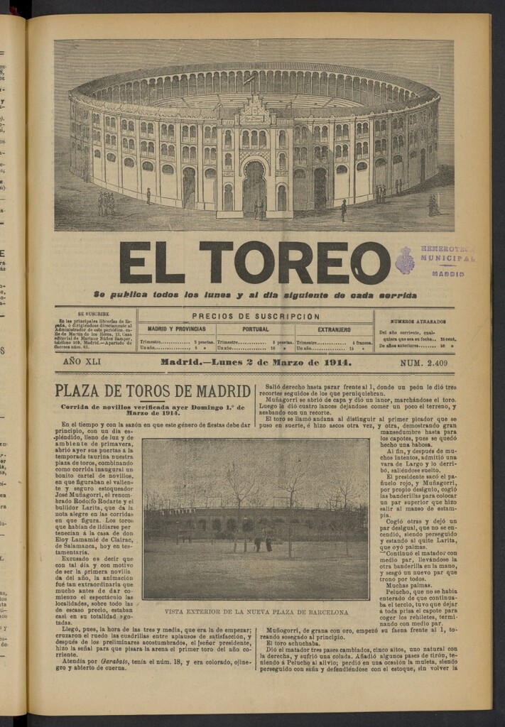 Miniatura de El Toreo: suplemento a "La Correspondencia Teatral" del 2 de marzo de 1914, nº 2409