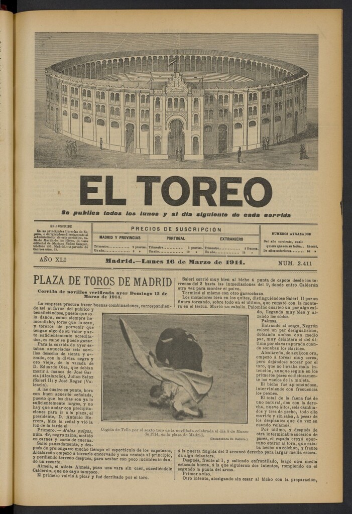 Miniatura de El Toreo: suplemento a "La Correspondencia Teatral" del 16 de marzo de 1914, nº 2411