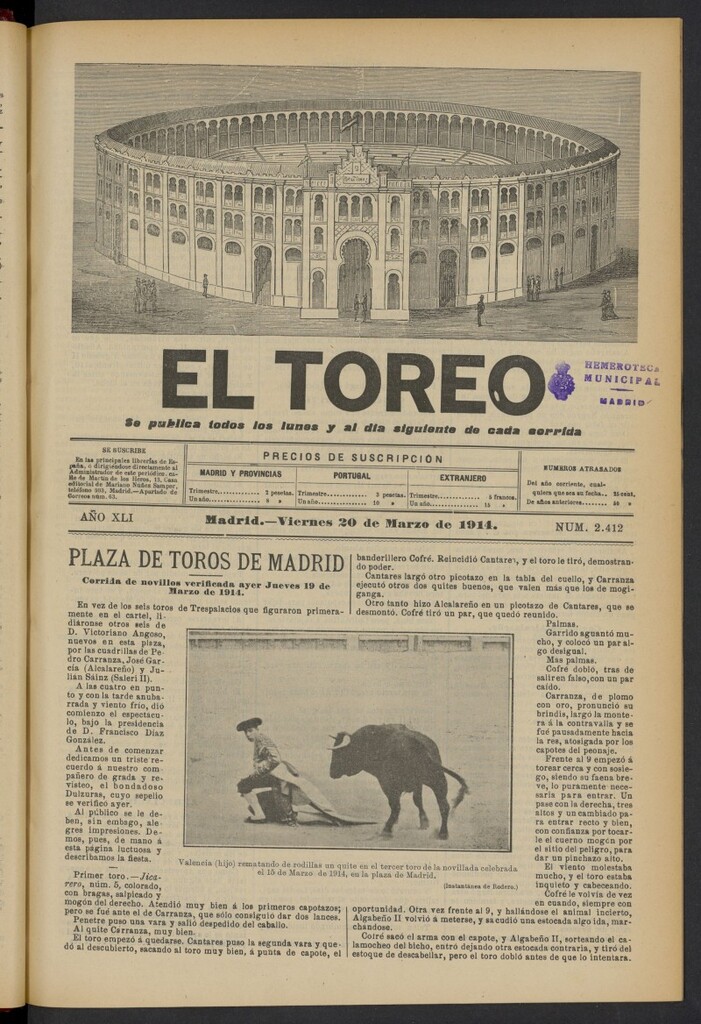 Miniatura de El Toreo: suplemento a "La Correspondencia Teatral" del 20 de marzo de 1914, nº 2412