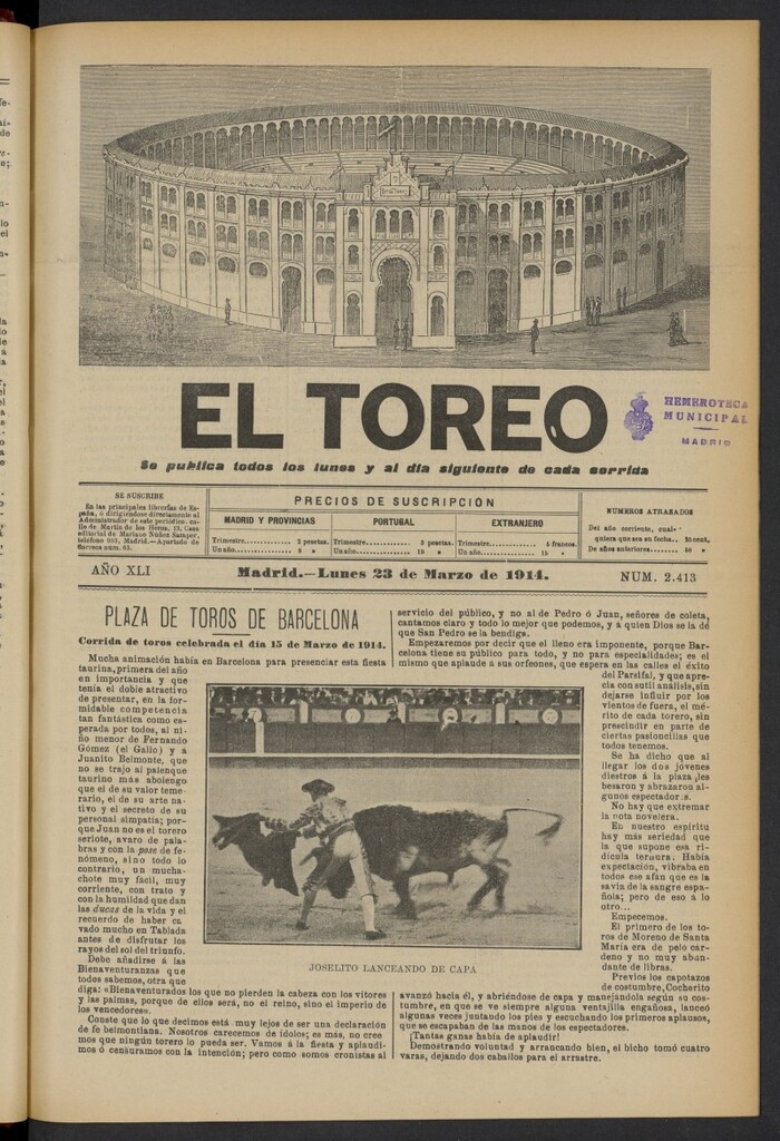 Miniatura de El Toreo: suplemento a "La Correspondencia Teatral" del 23 de marzo de 1914, nº 2413