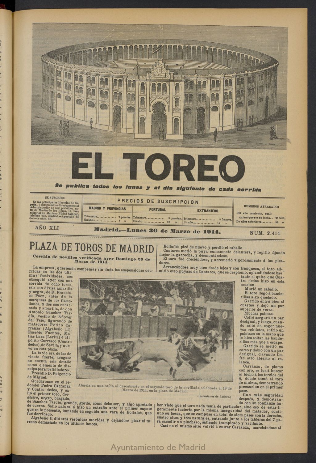 Miniatura de El Toreo: suplemento a "La Correspondencia Teatral" del 30 de marzo de 1914, nº 2414