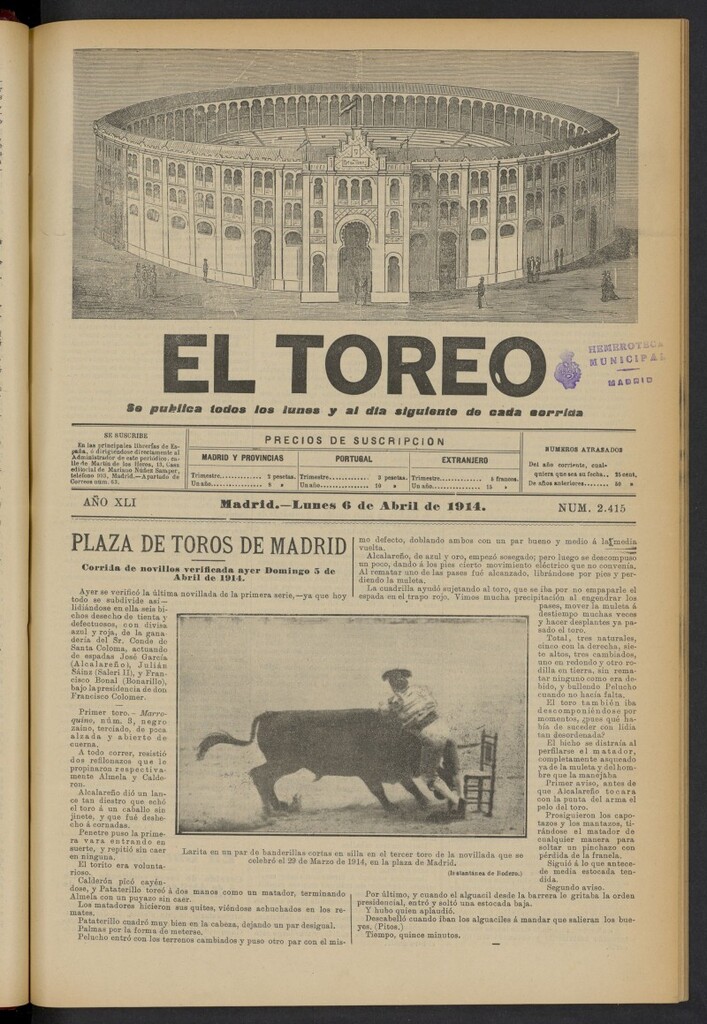 Miniatura de El Toreo: suplemento a "La Correspondencia Teatral" del 6 de abril de 1914, nº 2415