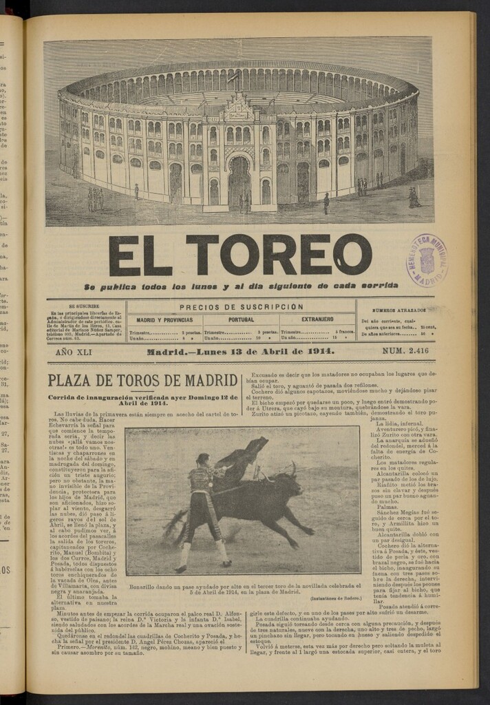 Miniatura de El Toreo: suplemento a "La Correspondencia Teatral" del 13 de abril de 1914, nº 2416