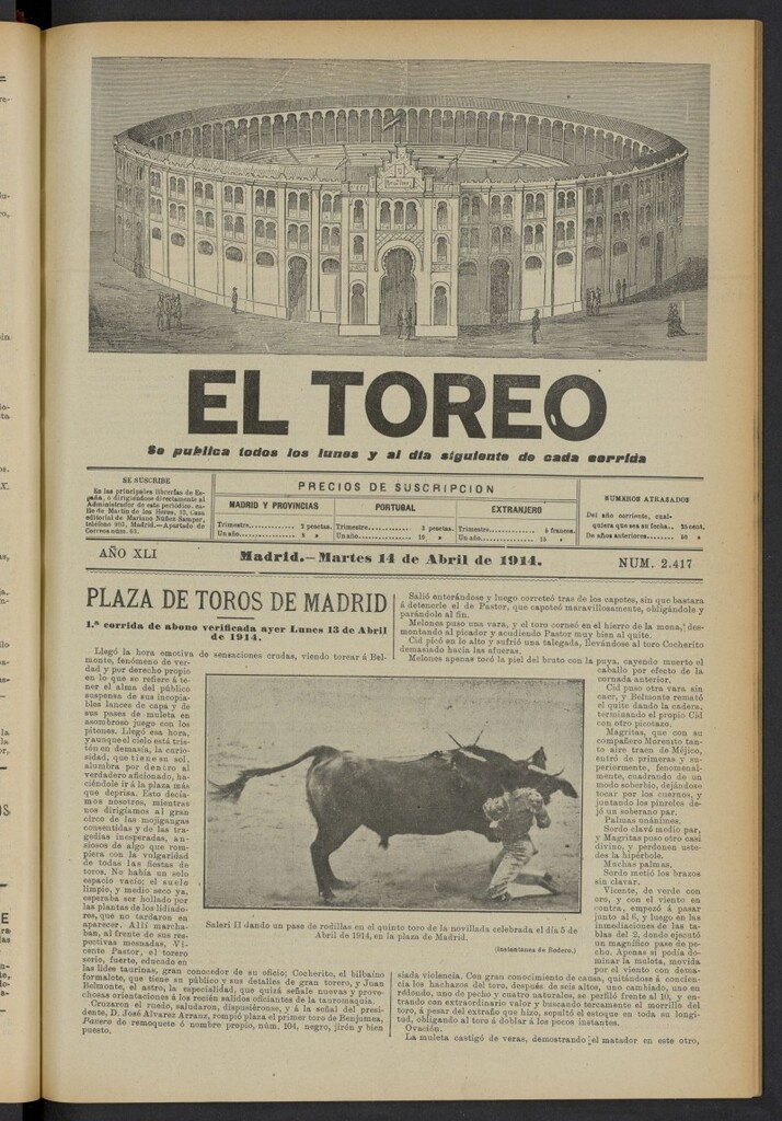 Miniatura de El Toreo: suplemento a "La Correspondencia Teatral" del 14 de abril de 1914, nº 2417