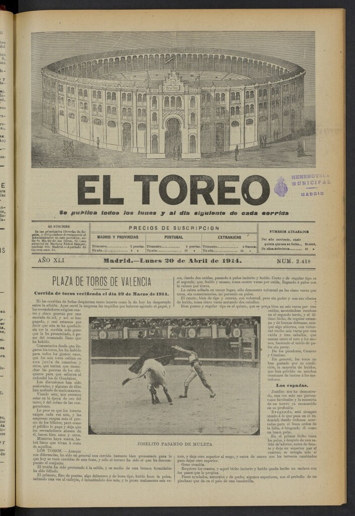 Miniatura de El Toreo: suplemento a "La Correspondencia Teatral" del 20 de abril de 1914, nº 2418