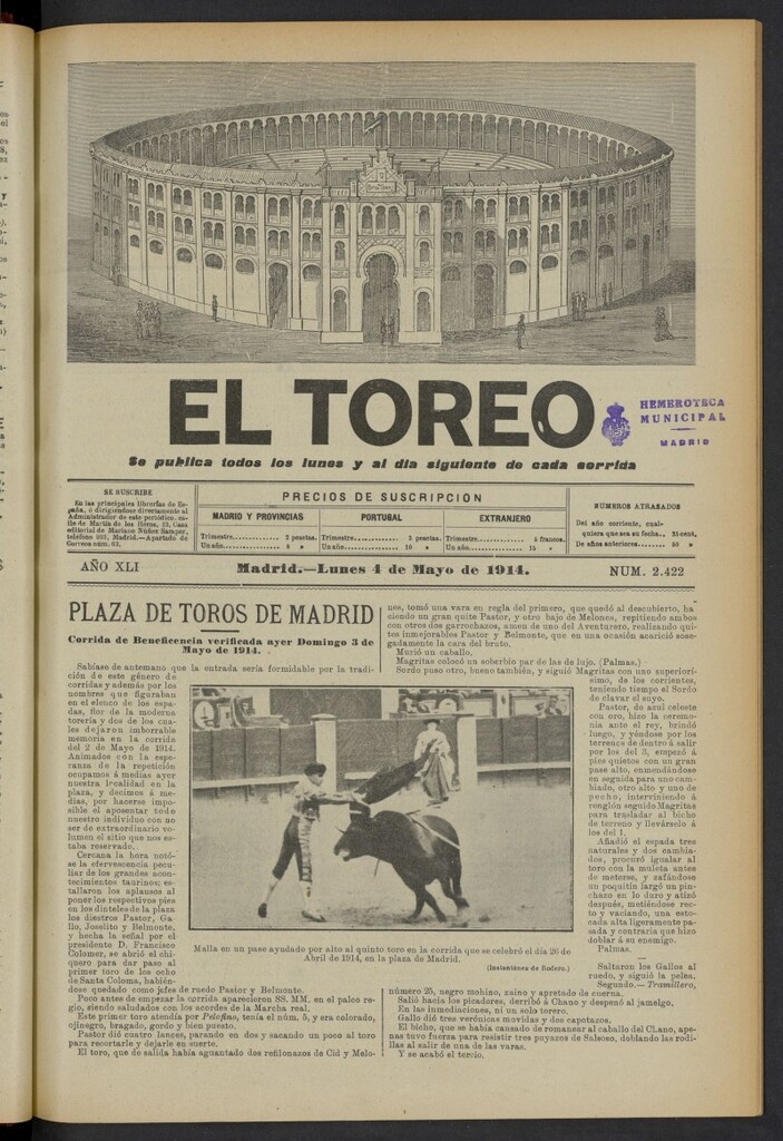 Miniatura de El Toreo: suplemento a "La Correspondencia Teatral" del 4 de mayo de 1914, nº 2422
