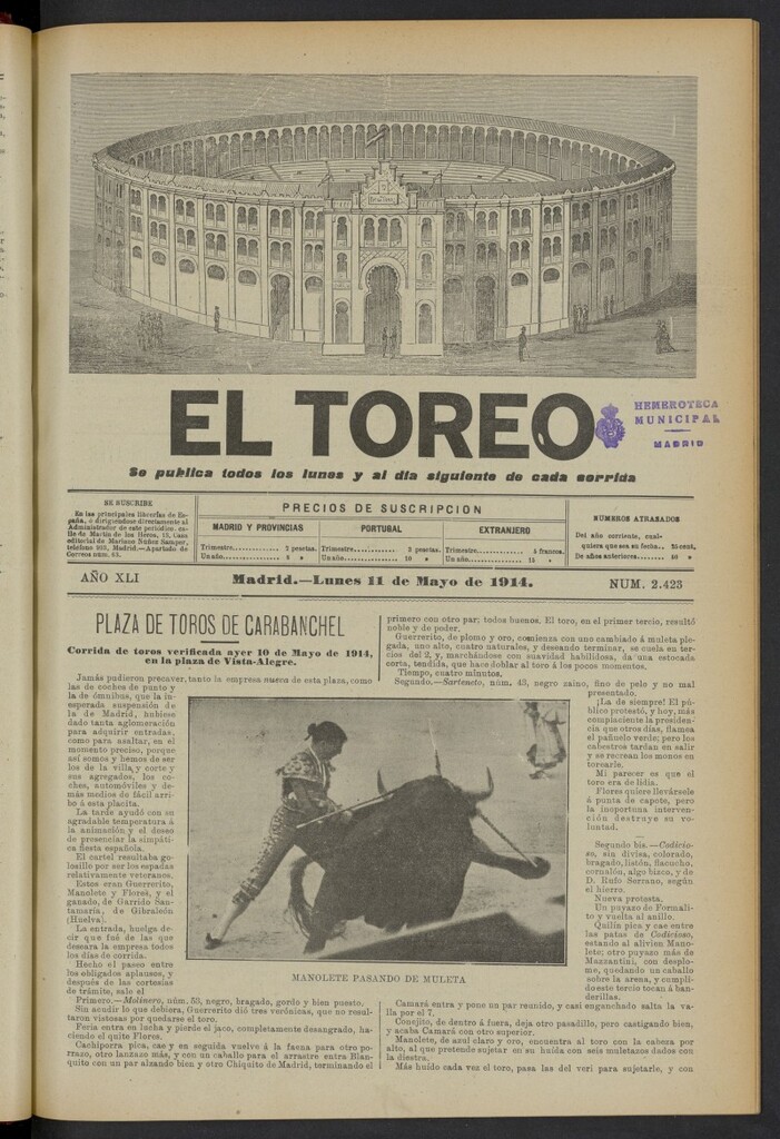 Miniatura de El Toreo: suplemento a "La Correspondencia Teatral" del 11 de mayo de 1914, nº 2423